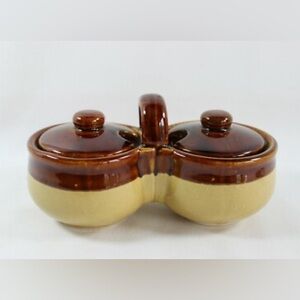 Vintage Brown Drip Glaze Stoneware Double Condiment Server w/ Lids
